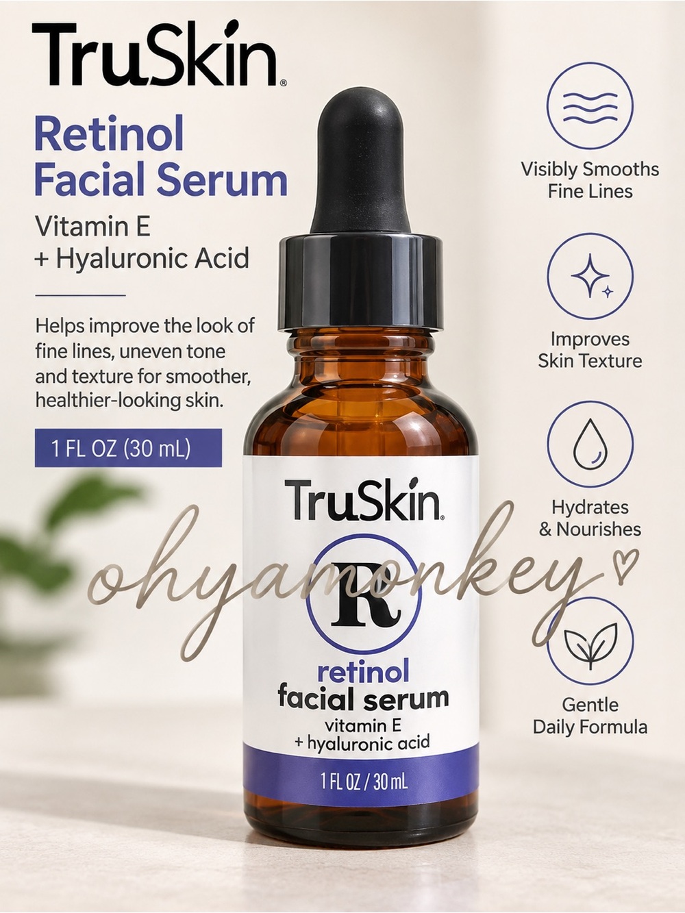 TruSkin Retinol Facial Serum with Vitamin E + Hyaluronic Acid 1oz